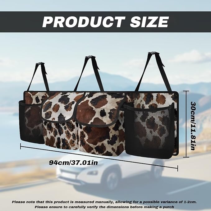 Brown Cow Print Car Trunk Organizer with 4 Pockets, Lightweight Car Storage Organizer Oxford Cloth (37.01"*11.8") Portable Car Storage Bag, Hanging Car Organizer for SUV/MPV/Truck/Van/Sedan
