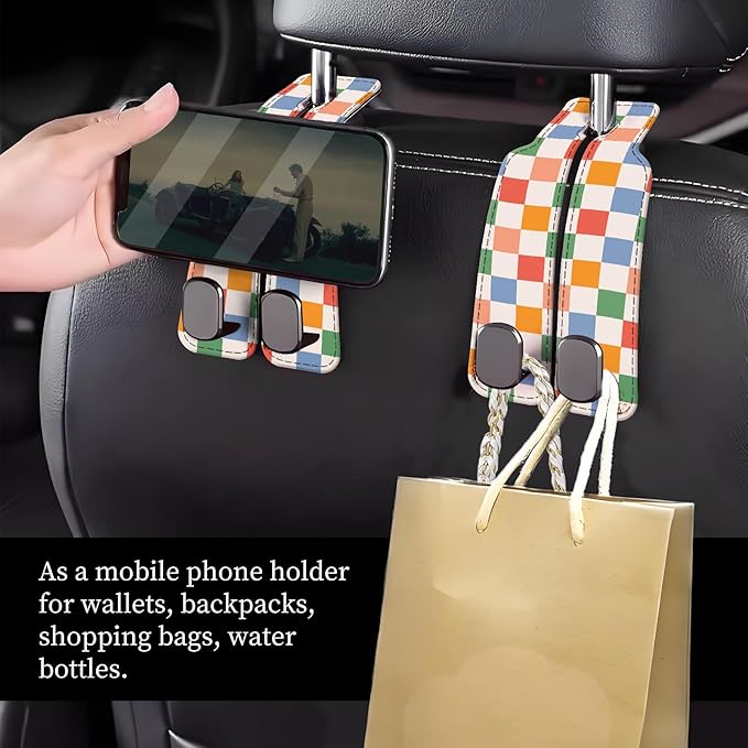 NUGGHU Car Seat Headrest Hook, Universal Leather Cute Hanger Holder Hook, Storage Organizer Interior Accessories for Purse Bags Handbag Colorful Cute Plaid