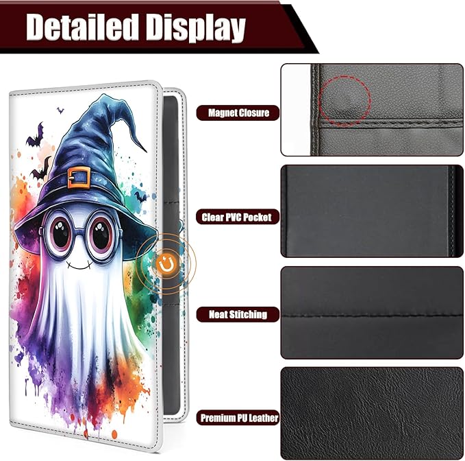 Car Registration Holder, PU Leather Vehicle Glove Box Organizer for Driver License, Document, Car Insurance Holder with Magnetic Shut, Auto Paperwork Wallet Case Accessories, Ghost Witch Hat Halloween