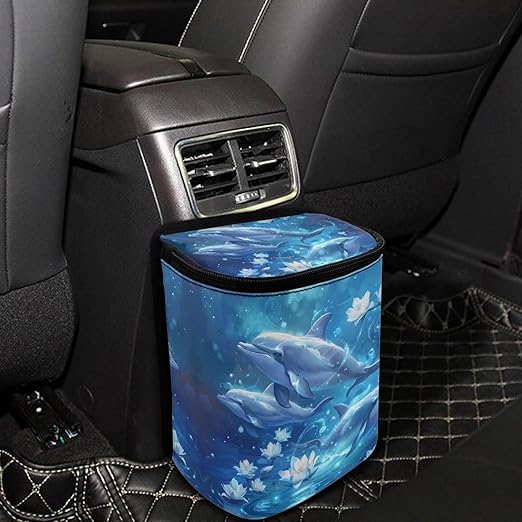 DISNIMO Floral Dolphin Car Trash Can with Lid Leakproof Dustbin Vehicle Trash Bin, Portable Garbage Bin for Automotive Car, Home, Office, Kitchen, Bedroom