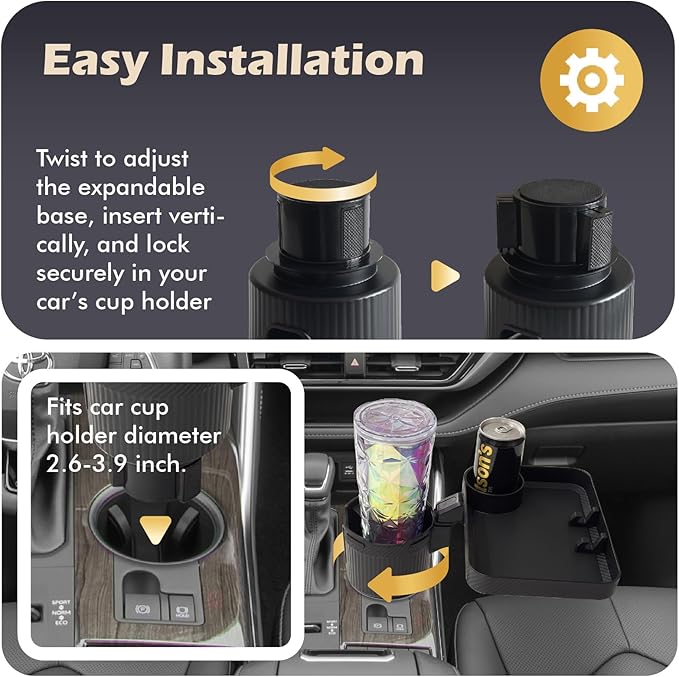 Car Cup Holder Tray, 3 in 1 Cup Holder Expander Adapter for Car, 360° Rotating Detachable 11" Car Food Tray Table for Eating, Road Trip Essentials Fits Yeti, Hydro Flask 16-46 oz, OtterVerz 11