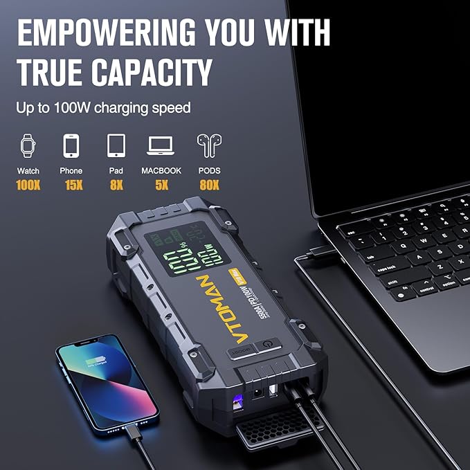 VTOMAN Jump Starter with 100W Bi-Directional Fast Charge, V10 Max Car Battery Jumper Starter Portable (All Gas & 12L Diesel), 12V Auto Jump Box Booster Pack with 3.2" Display for Pickup Trucks & Suvs