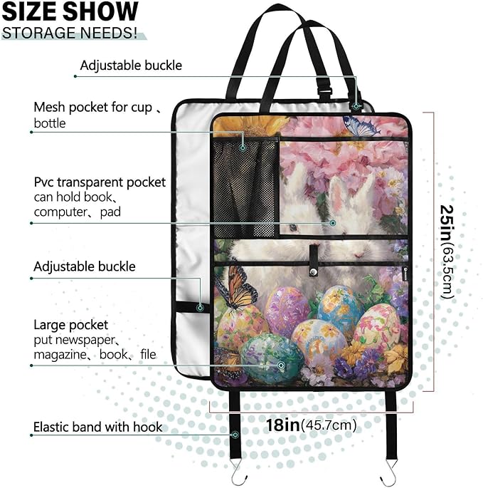 2 Pack Back Seat Car Organizer with Storage Pockets Kick Mats Back Seat Protector Hanging Car Organizer Automotive Seat Back Cover Organizers Easter Bunny Eggs Sunlowers