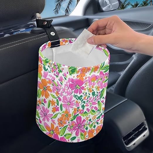 Colorful Floral Car Garbage Can Mini Car Trash Bin Hanging Headrest with Adjustable Buttons Multipurpose Car Organizer AutoAccessories