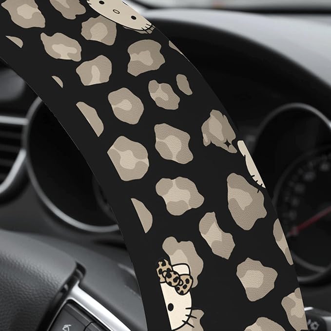 Cute Steering Wheel Cover for Women, Machine Washable Universal 14.5-15.5 inch Non-Slip Grip All Weather Use (Black Leopard Cats)