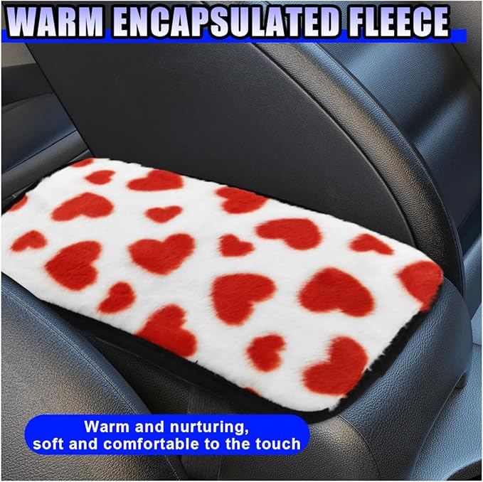 Furry Cow Print Armrest Cover for Car, Soft Plush Center Console Cushion Pad, Car Arm Rest Box Protector for Women Men, Universal Auto Decorative Accessories for Cars Trucks SUVs(Red)