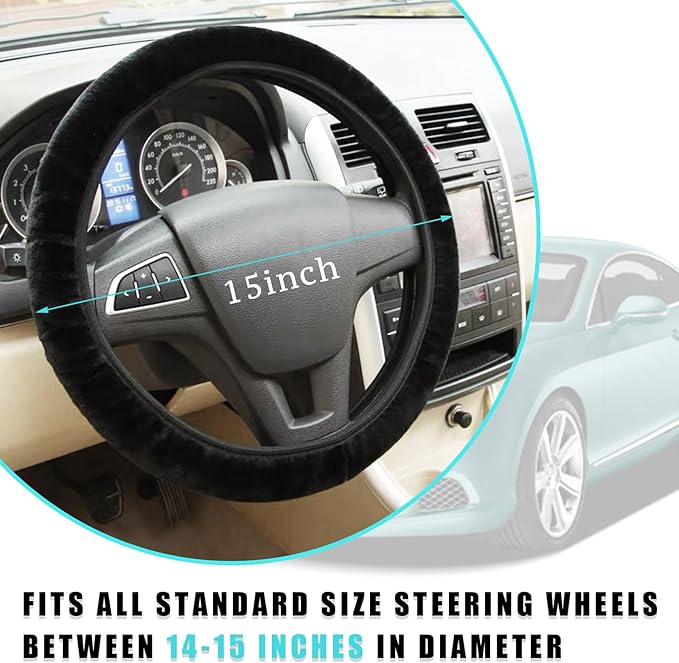Ziciner Elastic Fuzzy Steering Wheel Cover, 15'' Soft Steering Wheel Protector for Warm Winter, Anti-Slip Fluffy Car Wheel Covers, Universal Car Interior Decor Accessories for Women Men (Black)