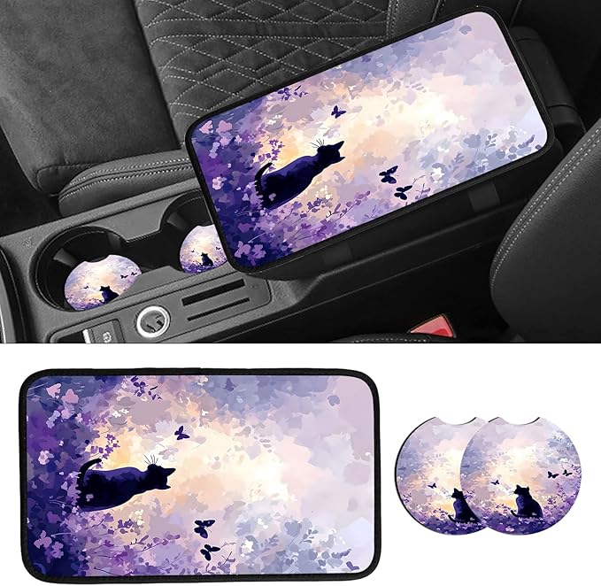 JANENFNA Car Armrest Cover Pads Universal Fashion Cute Auto Center Console Armrest Cover Pad with 2PCS Car Coasters Soft Waterproof Car Armrest Seat Protector for Women,Purple Flower Sea Cat