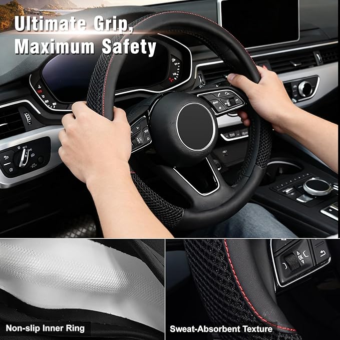 KAFEEK 15 inch Steering Wheel Cover, Cooling Ice Silk Mesh with Microfiber Leather, Ultra Breathable, Anti Slip Car Grip, Heat Resistant Summer Cool, Universal Fit, Black