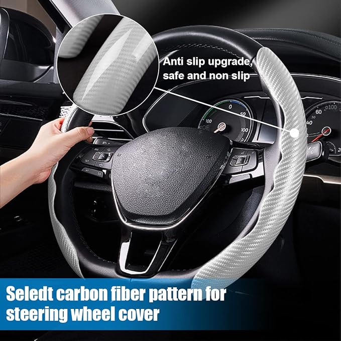 Car Steering Wheel Cover, Carbon Fiber PU Leather Segmented Steering Wheels Protector, Breathable Anti Slip Durable Auto Interior Accessories for Women Men (Carbon Fiber White)