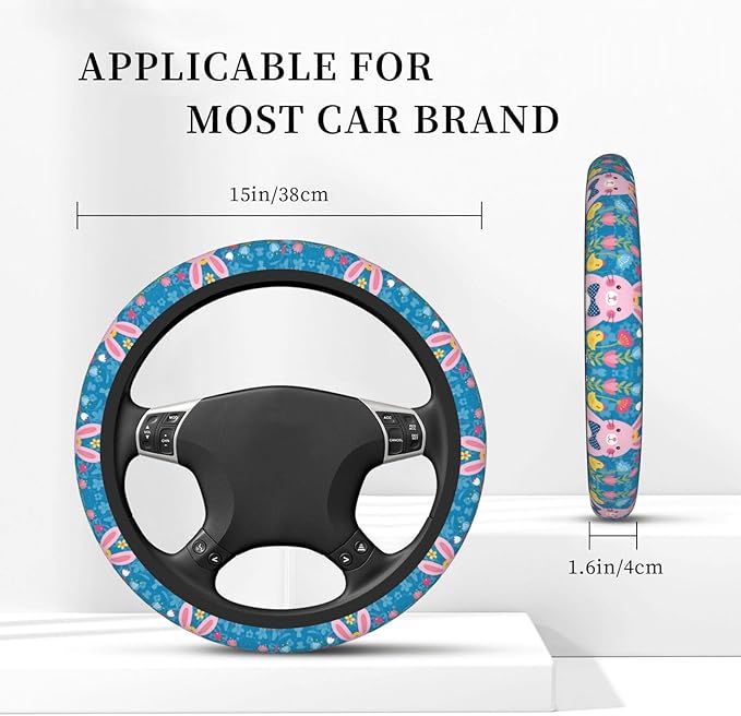 Neoprene Steering Wheel Cover Easter Bunny Yellow Blue Floral Chick Car Steering Wheel Cover Universal Fit for Most Cars