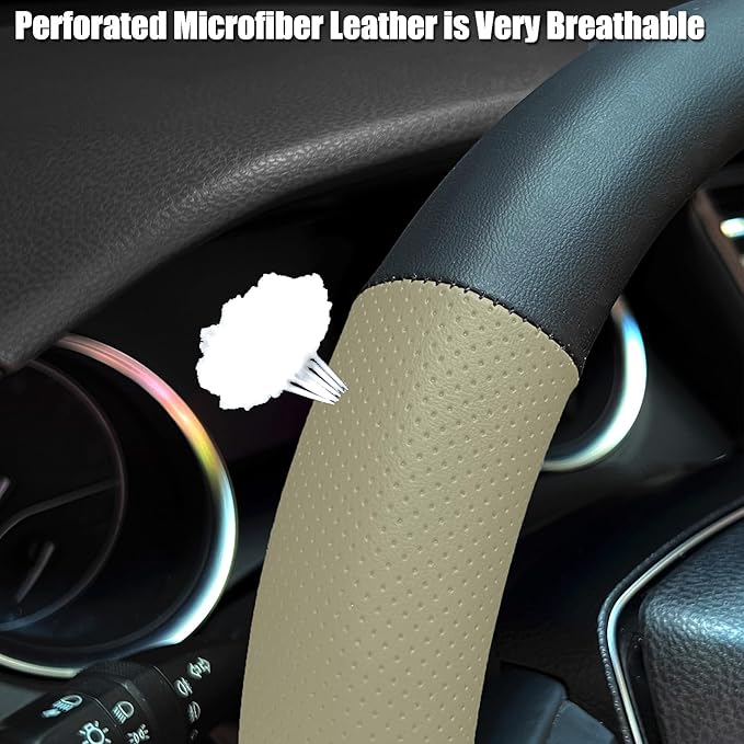 Mihecor Steering Wheel Cover Standard Size 14.5-15 inch, Non-Slip Car Wheel Cover Protector, Breathable Microfiber Leather, Black and Beige