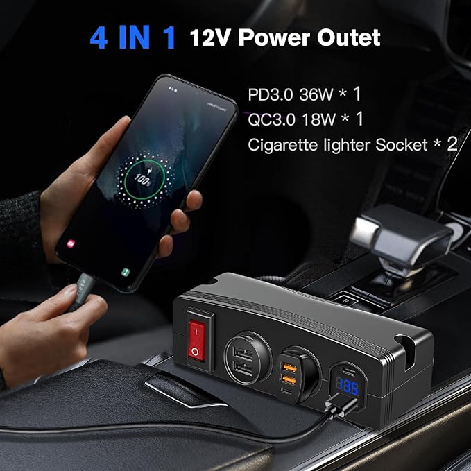 4-in-1 Cigarette Lighter Splitter Car Charger, 2 Socket Cigarette Lighter Adapter with Dual USB Outlet, Master Switch & LED Voltmeter, 12V-24V Power Outlet for Boat Marine Truck RV Golf Cart