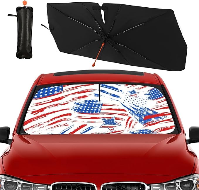 DOPINDU American Flag Car Windshield Sun Shade Umbrella Bendable Handle Foldable Funny Sunshade for Car Windshield Block UV Rays Keep Vehicle Cool for Most Sedans SUV Trucks Cars 57"x30"