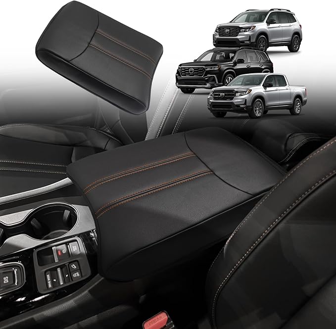 Muslogy Center Console Cover Compatible with Honda Pilot 2023 2024 2025, 2024-2026 Ridgeline/Passport Accessories Armrest Pad Lid Cushion Console Protector Vegan Leather Extra Soft(Black/Orange Trim)