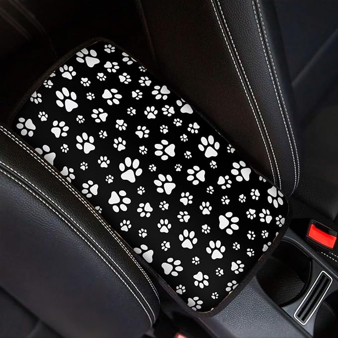 Black White Dog Paws Print Center Console Cover,Auto Armrest Cover Universal Car Armrest Storage Box Interior Accessories