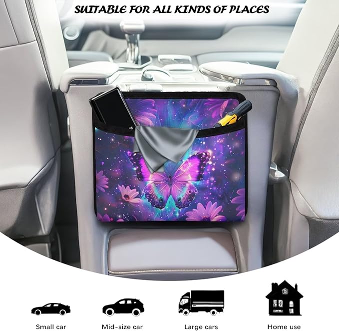 Renewold Purple Butterfly Flower Auto Front Rear Seat Storage Bag for Cell Phone Sunglasses Coin Car Side Pocket Organizer Holder Tray Pouch for Vehicle Seat Console Door Multifunction for Home Office