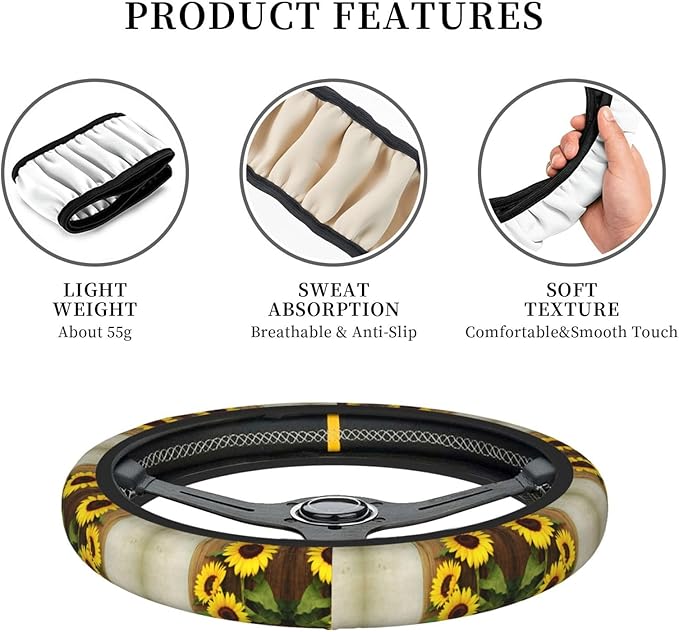 Sunflower On Wooden Board Universal Fit Steering Wheel Cover for Car, Truck, and SUV, Durable Steering Wheel Protection