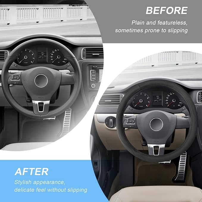 15 Inch Leather Steering Wheel Cover, Breathable Anti-Slip Steering Wheel Protector Cover, Elastic Soft Comfortable Universal Wheel Cover for Men and Women, Car Accessories (Black)