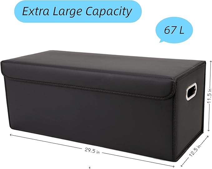 Venotxvi Trunk Organizer for Car With Lid,Foldable Trunk Organizer for SUVs & Sedans,Multi-Functional Leather Storage Box- Black - Large