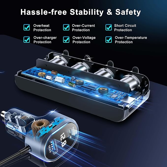 8 in 1 Cigarette Lighter Splitter,264W 4 Socket Car Cigarette Lighter Adapter,Type-C QC3.0 PD 30W Charging,Heavy Duty Truck Car USB Chager Multi Plug Outlet 12V/24V Independent Switches,LED Voltmeter