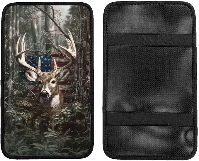 Car Center Console Cushion Pad American Flag Elk Universal Armrest Seat Box Cover Protector Jungle Vintage Animal Comfortable Car Decor Accessories Fit for Most Cars, Vehicles, SUVs