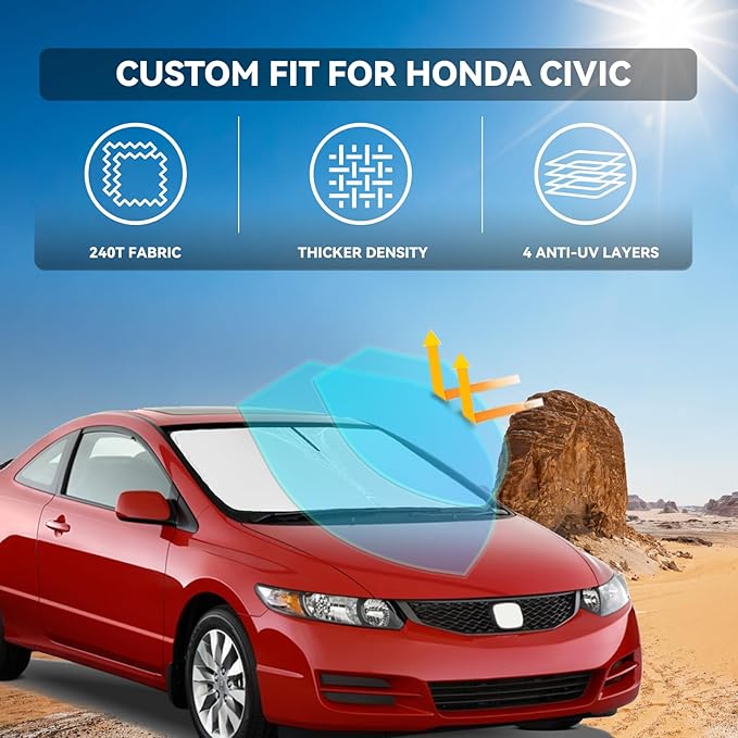 for Honda Civic 2006-2011 Windshield Sun Shade - 4 Layers Car Sunshades for Front Windows Shade Cover Custom Fit Civic Sun Visor 240T Retractable Shade Blocks UV Rays Car Accessories