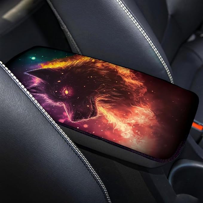 Wolf Print Center Console Armrest Pad for Cars Universal Decorative Car Armrest Box Protector Pad Easy to Install Car Decor Accessories for Sedan SUV Truck
