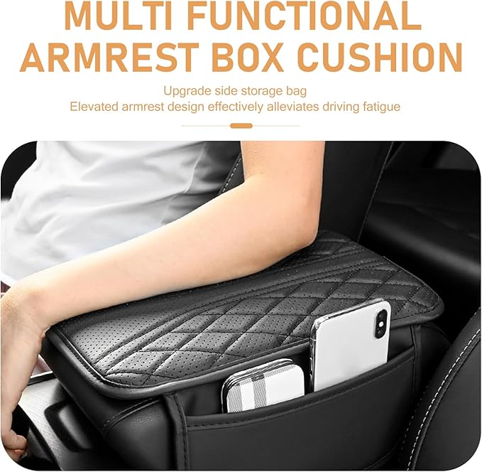 Car Center Console Pad, Leather Car Armrest Box Pad Cover, Vehicle Armrest Protector Cushion with 2 Storage Bags, Universal Arm Rest Pad for Car Interior Accessories Protect (Begie)