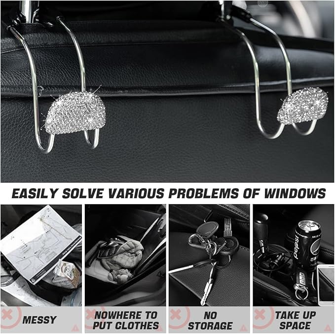 AUCELI Car Headrest Hook, 2 Pack Bling Backseat Organizer Hanger for Purse Clothes Grocery Bag, Rhinestones Auto Headrest Storage Holder, Universal Car Seat Accessories for Most Vehicle (White)