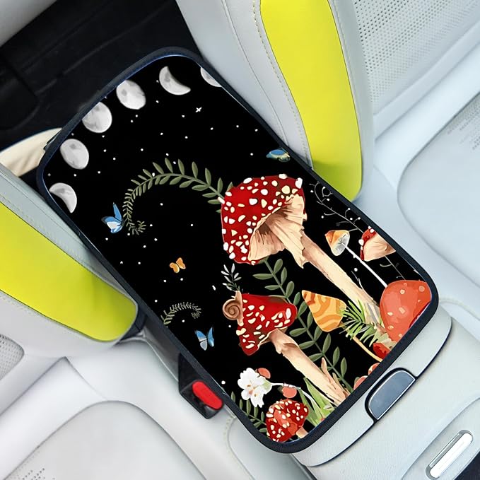 Adastrah Red Mushroom Auto Center Console Pad,Soft Waterproof Car Center Console Cover Auto Armrest Seat Box Cover Protector for Most Vehicle SUV Truck Car