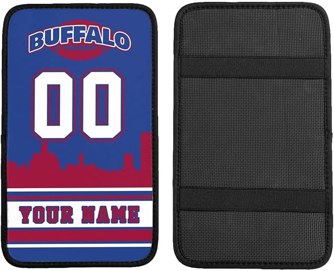 Custom Buffalo Car Armrest Covers Personalized Football Style with Name Number Customized Auto Center Console Pad Car Handrail Box Cushion for Most Vehicle Decor Accessories, Fans Gift