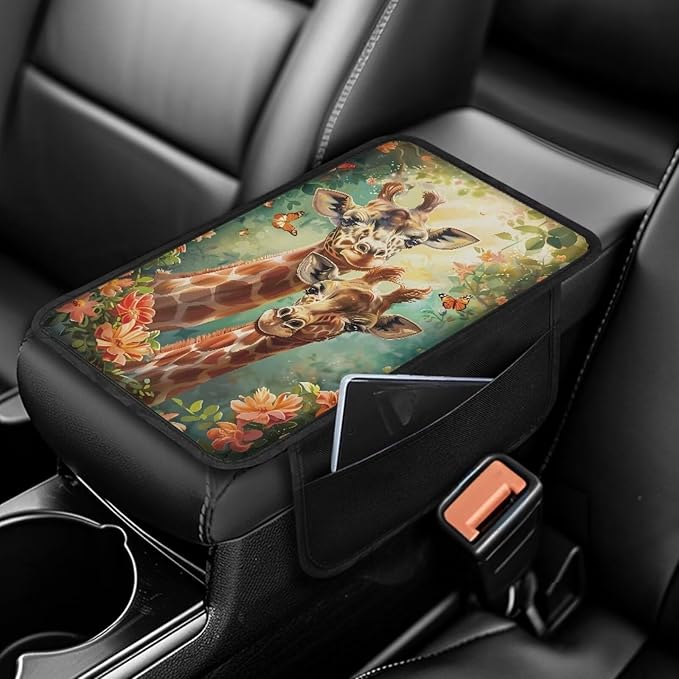 BIGCARJOB Personalized Armrest Cover for Car Center Console,Animal Giraffe Print Car Center Console Cover Automotive Car Armrest Cover Cushion with Side Pockets,Universal for Most Cars