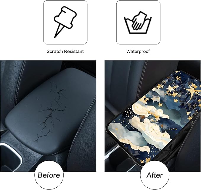 JANENFNA Car Armrest Cover Pads Universal Fashion Cute Auto Center Console Armrest Cover Pad with 2PCS Car Coasters Soft Waterproof Car Armrest Seat Protector for Women,Stars and Clouds