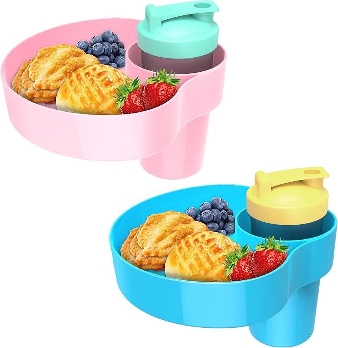 2PCS Car Seat Snack Tray for Kids: Kids Car Tray with Cup Holder, Toddlers Road Trip Essential, Travel Snacks Food Plate Cup Holder (Sky Blue&Pink)