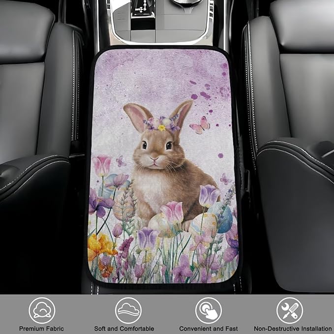 Bulopur Easter Bunny Car Center Console Cushion Pad Flannel Center Console Cover Easy to Install Car Decor Accessories Auto Universal Car Interior Accessories Car Arm Rest Cover