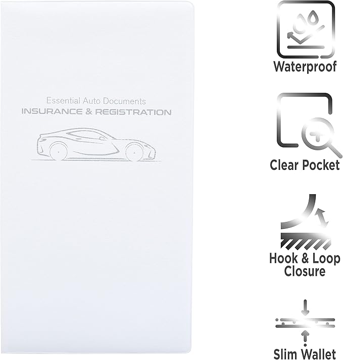Andalus Auto Registration & Insurance Card Holder Pack of 2, Waterproof Essential Car Registration Holder with Hook & Loop Closure, Perfect for Every Vehicles Glove Boxes (White - 9.5" x 5.15")