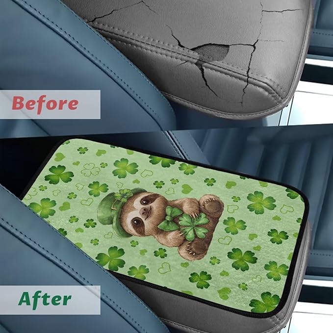Bulopur St. Patrick's Otter Armrest Cover Car Center Console Cover Easy to Install Car Armrest Cushion Flannel Protector Protect from Pet Claws Thickened Fit for Most Cars, Vehicles, SUVs