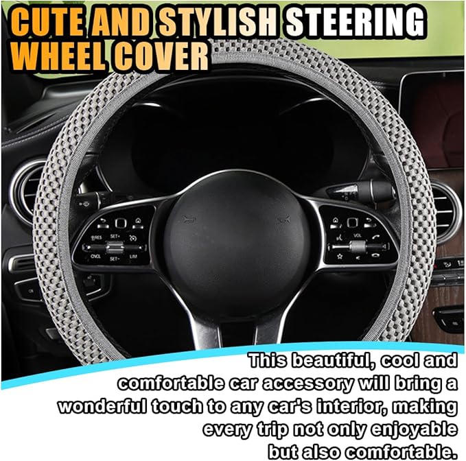 Stretch Elastic Steering Wheel Cover, All-Season Comfort, Warm in Winter & Cool in Summer, Universal 15 Inch Microfiber Breathable Ice Silk, Anti-Slip, Odorless, Easy Carry, Fit Car, SUV (Grey)