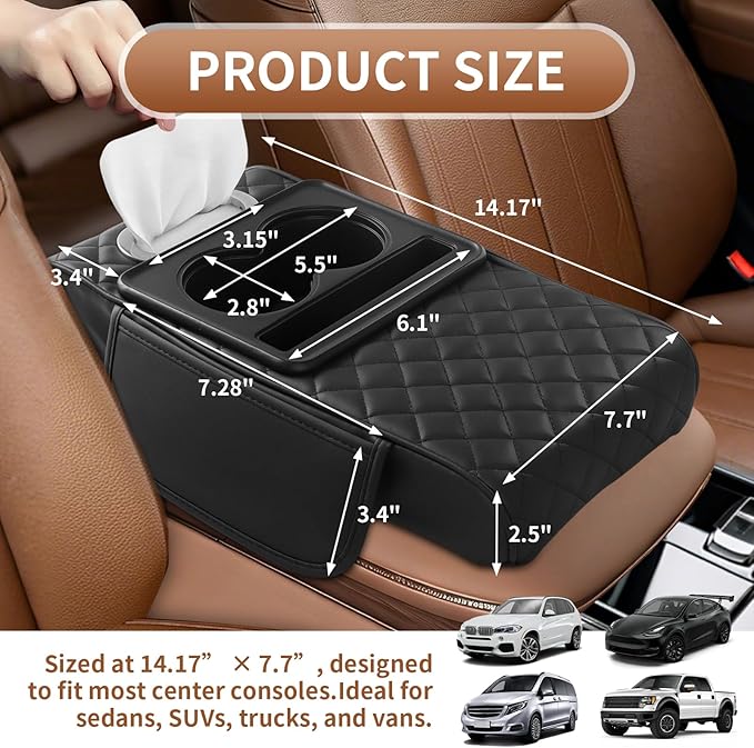 5-in-1 Car Armrest Cushion, Multifunctional PVC Leather Center Console Armrest Pillow Elbow, Universal Arm Box Pad Cover with Cup Holder, Phone Slot, Tissue Box Slot & 2 Storage Bags, Black