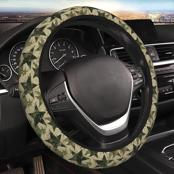 Star Army Green Steering Wheel Cover for Women Men Girls, Car Accessories Decor Thickened Anti-Slip Auto Steering Wheel Covers Protector Universal Fit 15 Inch for Cars, Truck, SUV