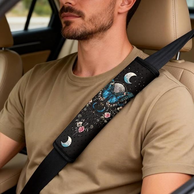 Qeluxign PU Leather Car Seat Cover Butterfly Moon Floral Set of 5 Auto Accessories 2 Front Bucket Seat Covers, 2 Seatbelt Pads & 1 Armrest Cover, Easy to Install