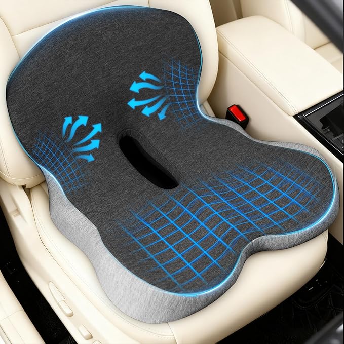 Car Seat Cushion with Lumbar Support for Long Sitting, Ergonomic Memory Foam Driving Seat Cushions for Semi Truck Bus Driver Trucker, Non Slip Office Chair Cushion (Dark Light Gray)
