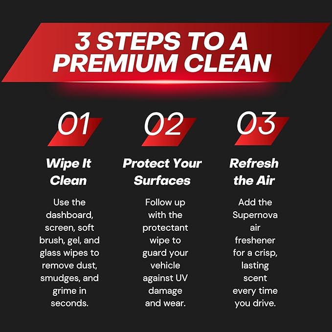 XXL Supernova Car Cleaning Kit | Interior Car Detailing Kit Includes Wipes for Dashboard, Electronic Screens and Glass, Cleaning Gel, Soft Detail Brush, & Supernova Air Freshener