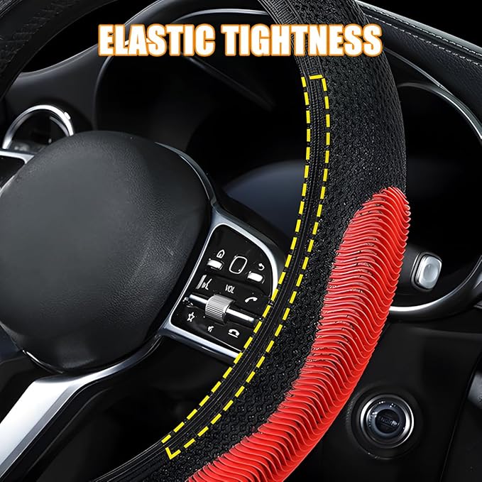 Elastic Stretch Car Steering Wheel Cover, Breathable No Inner Ring Vehicle Steering Wheel Protector, 15 Inch Ice Silk Anti Slip Automotive Accessories, Universal Fit (Black/Red)