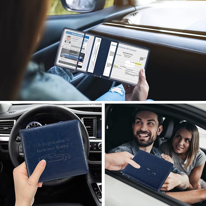 DMLuna Car Registration and Insurance Holder, Folio Leather Vehicle Card Document Glove Box Organizer, Auto Truck Compartment Accessories for Essential Information, Driver License Cards, Dark Blue