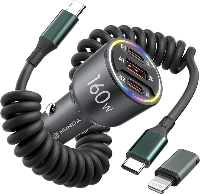 160W USB C Car Charger Fast Charging,HUNDA USB Car Cigarette Lighter Splitter with 3 Ports PD 100W&PD 30W Fast Charge Car Charger for iPhone 15/15 pro/15 Pro Max,Galaxy s24/s23/s22 ect