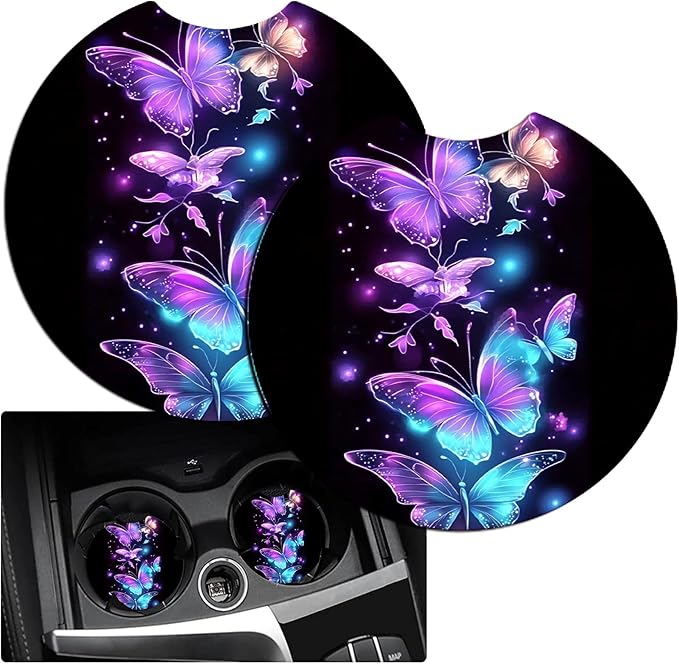 JANENFNA Car Armrest Cover Pads Universal Fashion Cute Auto Center Console Armrest Cover Pad with 2PCS Car Coasters Soft Waterproof Car Armrest Seat Protector for Women,Purple Butterfly