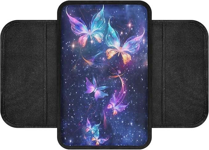 Dreaweet Galaxy Butterfly Arm Rest Cover for Car Purple Center Console Cover with 2 Storage Pockets,Universal Armrest Cover Cushion Pad for Car Truck SUV Van