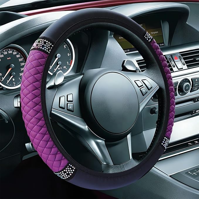 Bling Soft Leather Steering Wheel Cover, 15" Anti-Slip Sparkly Crystal Auto Elastic Steering Wheel Protector for Women Girl, Colorful Diamond Car Interior Accessory for Most Cars (Purple)